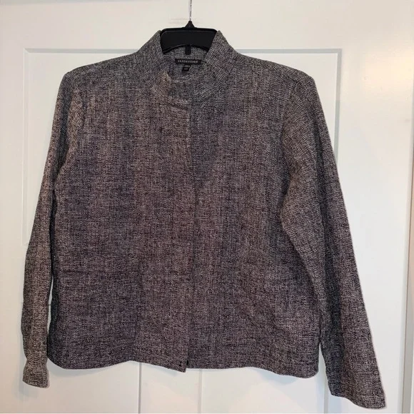 Eileen Fisher Black White Organic Cotton Tweed Stand Collar Jacket medium - Picture 2 of 8